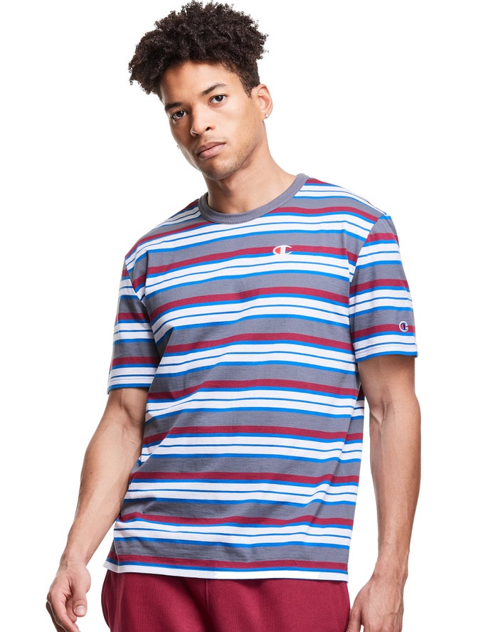 Champion Yarn-Dye Stripe C Logo Erkek Tişört Gri/Beyaz/Kırmızı ( HCSFJX480 )